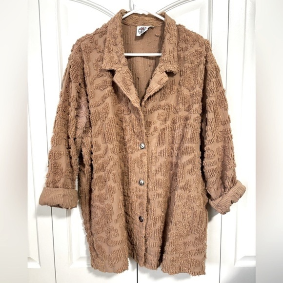 Vintage Brown Chenille Floral Rosette Collared Button Down Jacket Shacket XL 90s - Picture 1 of 9